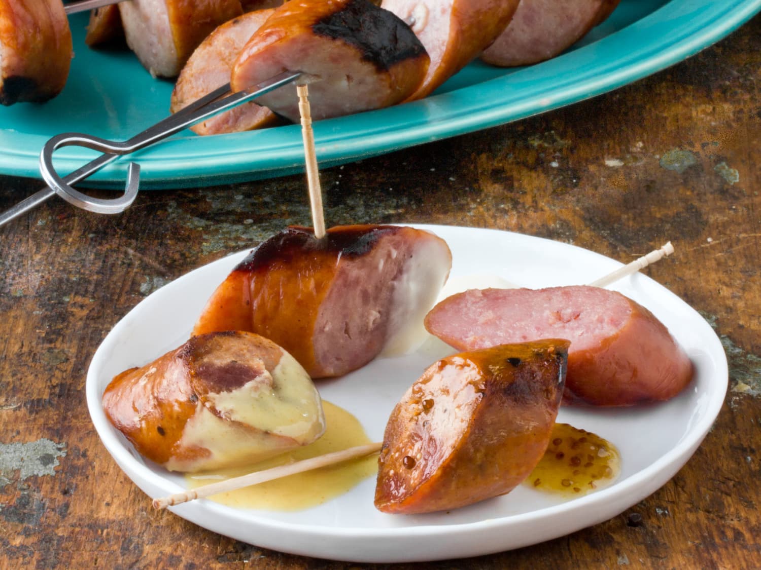 Recipe: Grilled Smoked Sausage Skewers with Three Zesty Sauces