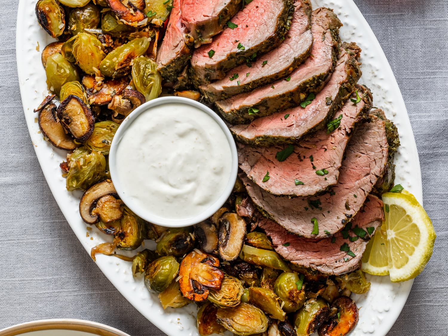 Sheet Pan Beef Tenderloin with Mushrooms and Brussels Sprouts