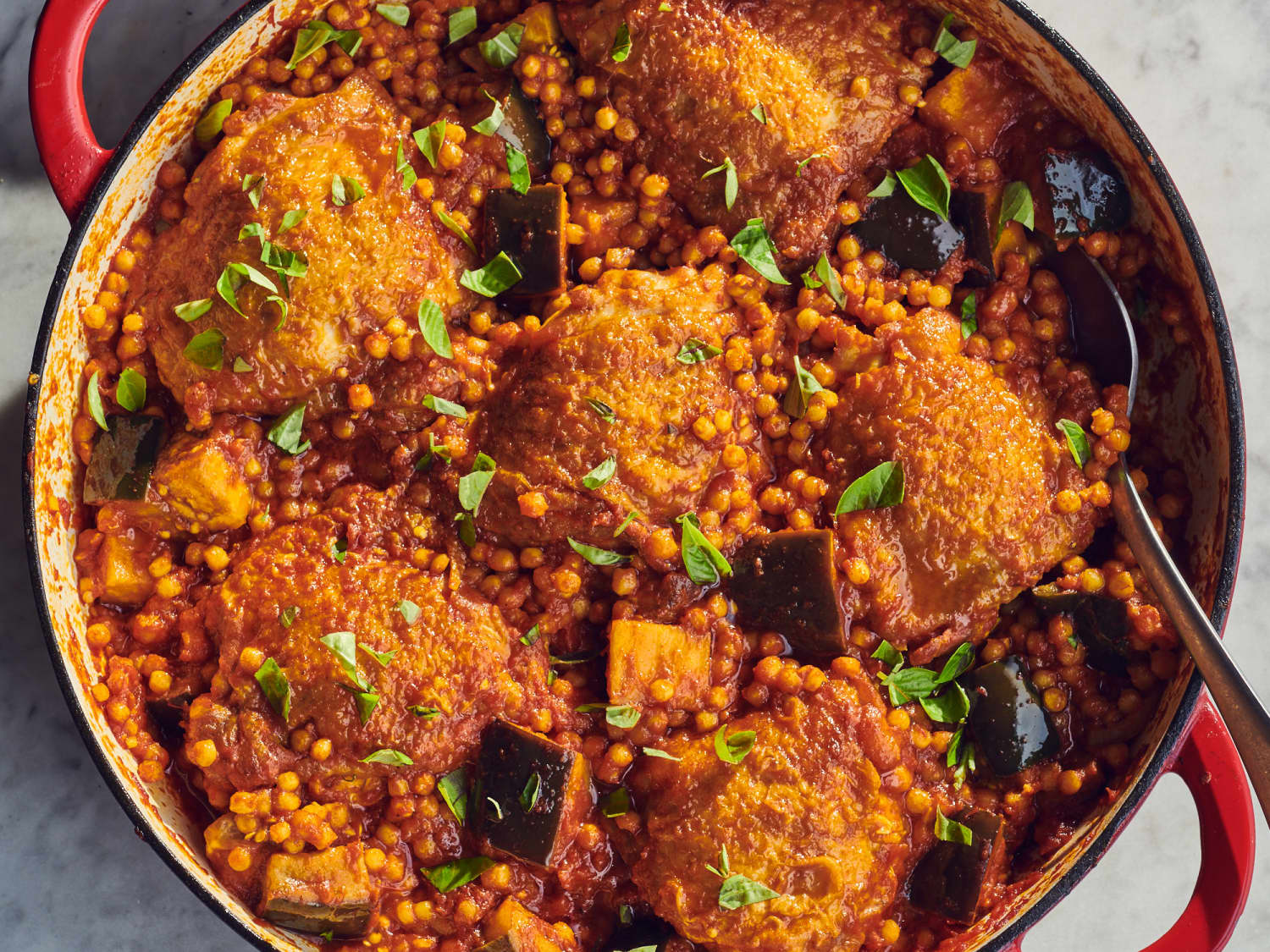 One Skillet Chicken Thighs with Pearl Couscous and Eggplant