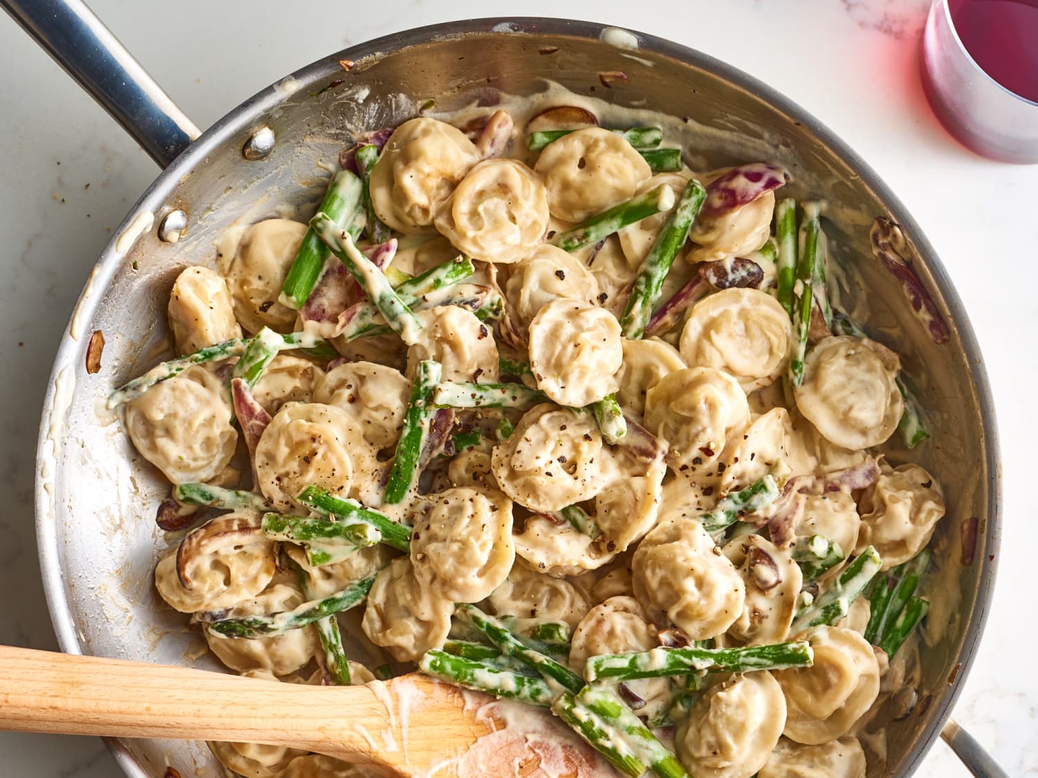 3 Ingredient Trader Joe s Dinner Creamy Mushroom and Asparagus Dumpling Skillet
