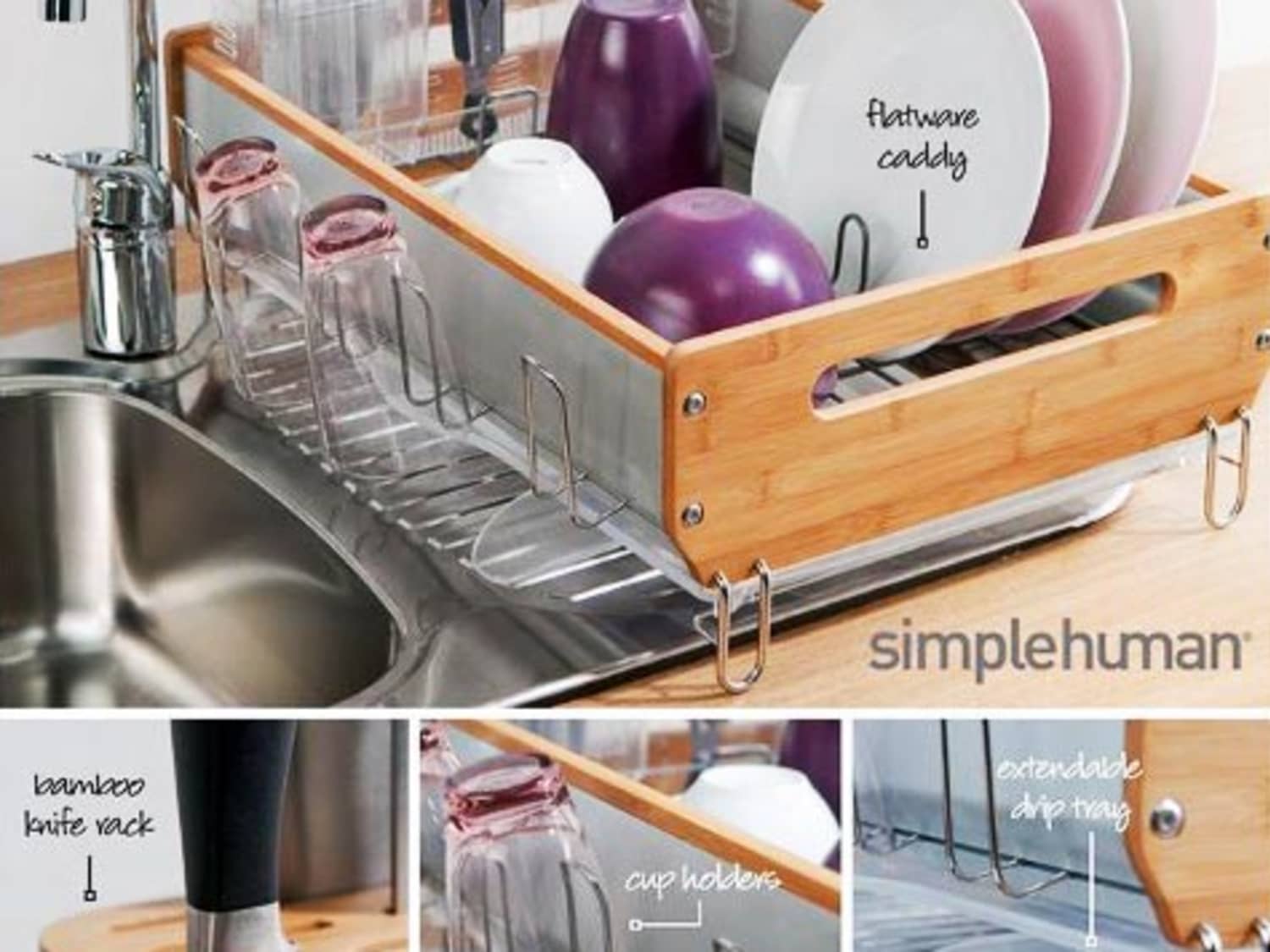 Bamboo dish rack with drain tray store