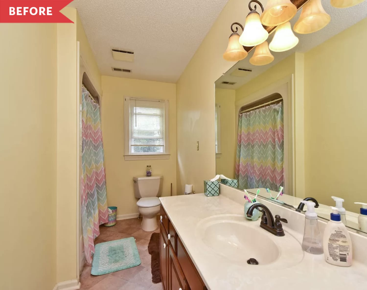 Before and After: A 1980s Bathroom Ditches the Yellow But Stays Bright and Cheery for $800