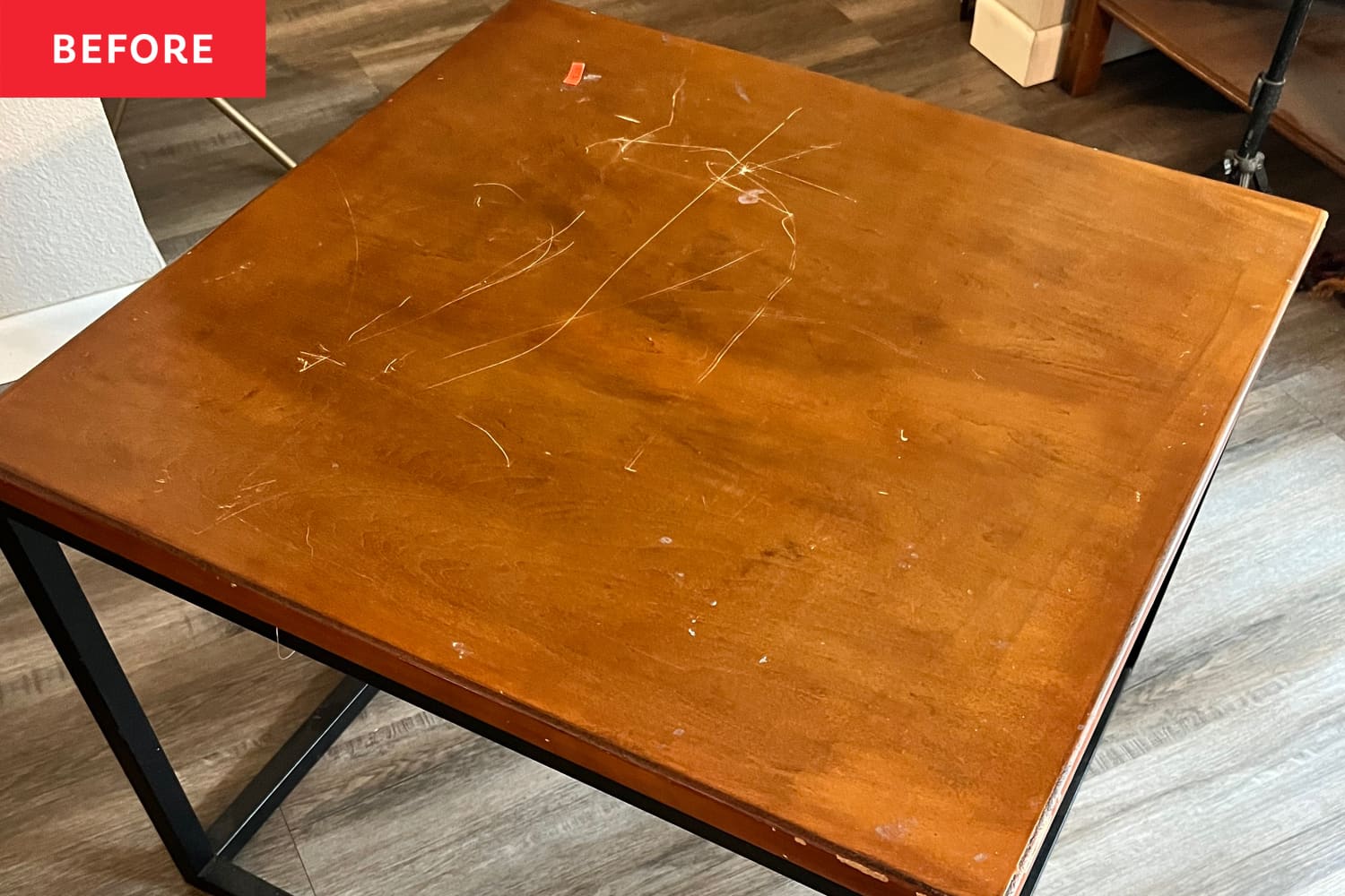 Before and After: A $40 Paint Hack Gives This Scratched-Up Table the Look of Marble in 15 Minutes