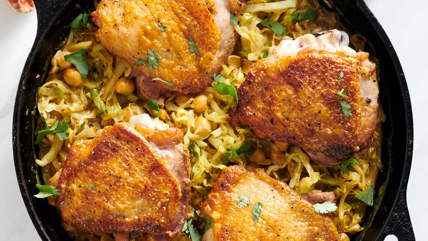 One-Skillet Chicken Thighs with Curried Cabbage and Chickpeas-image