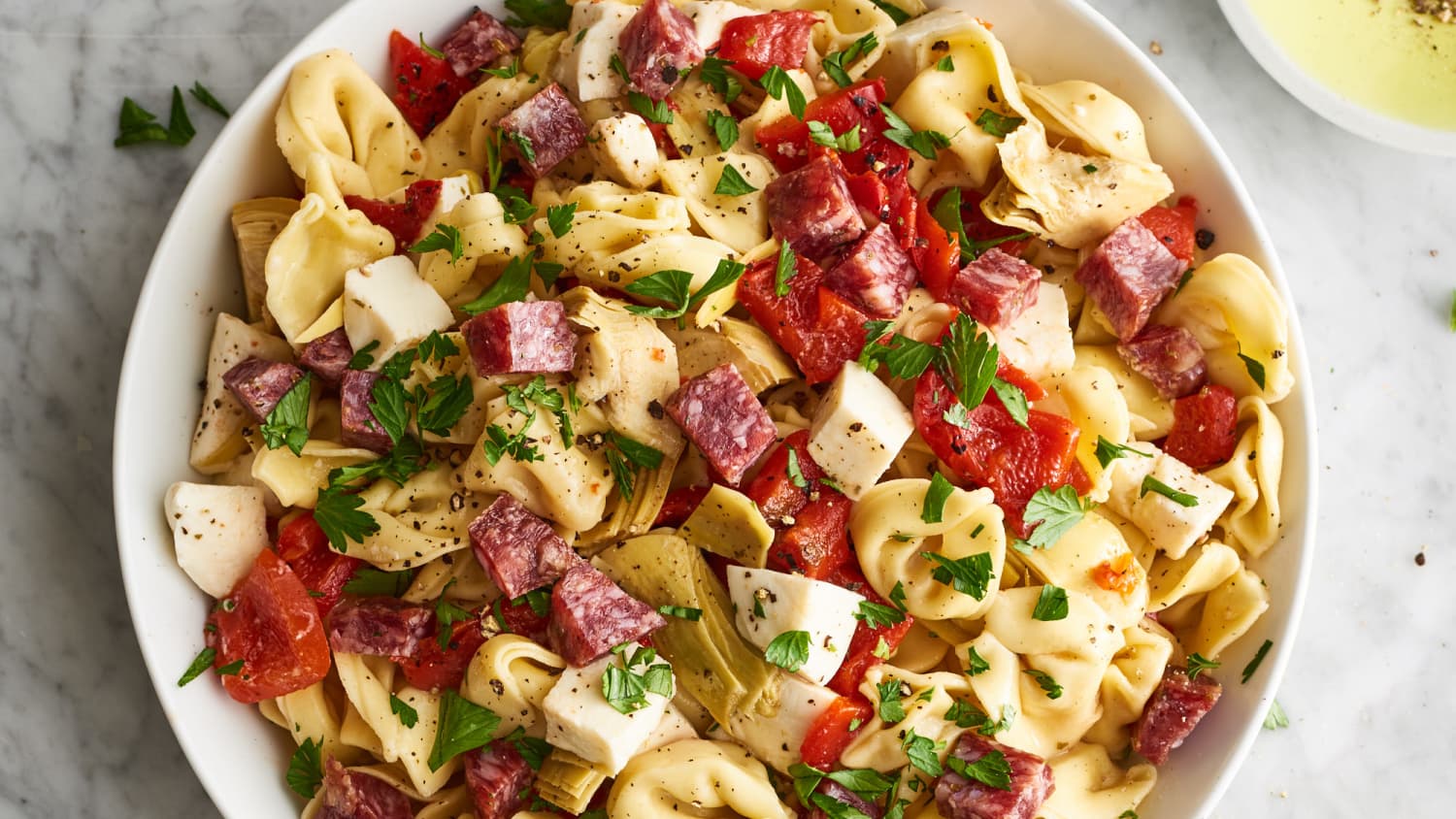 Cheese Tortellini with Salami, Mozzarella, and Marinated Veggies 