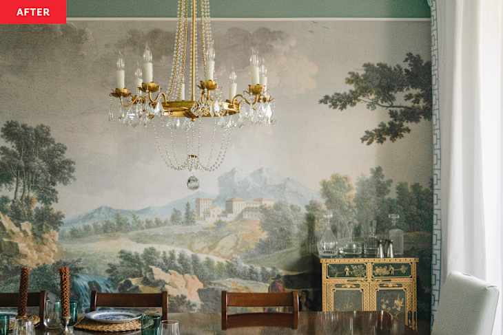 Scenic wallpaper in newly renovated dining room.