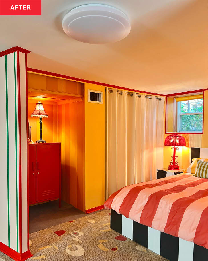 Colorful bedroom after remodel.