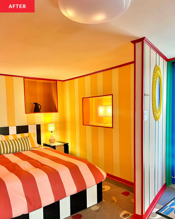 Colorful striped bedroom after remodel.