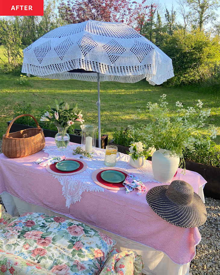 diy lace patio umbrella A Thrift Store Tablecloth DIY Makes a Boho Yard Umbrella