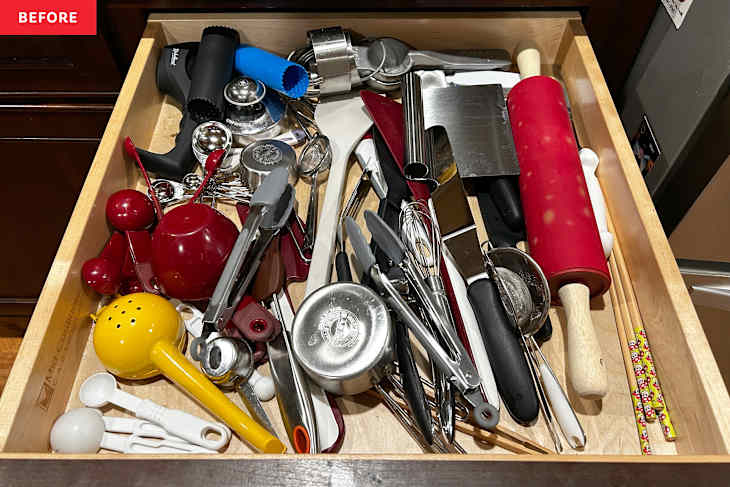 Kitchen utensil drawer before, during, and after pro organizer's advice.