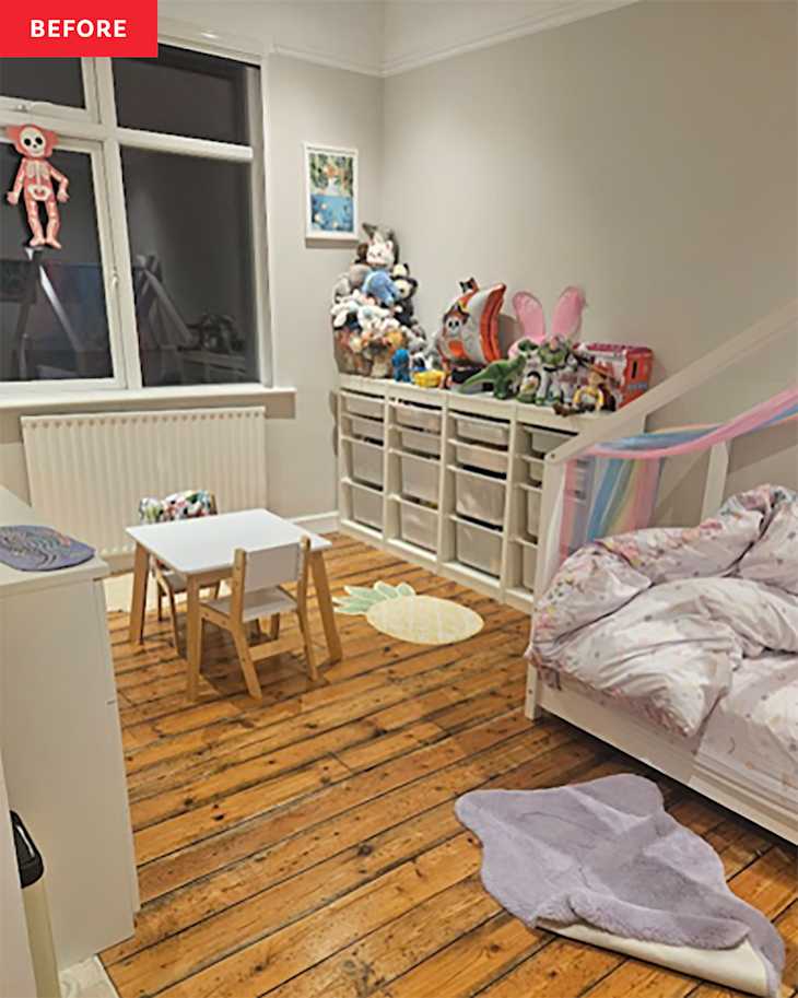 Child's bedroom with wooden floor, a small table and chairs, stuffed animals, and a pineapple rug.