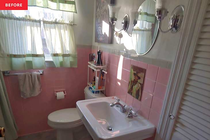 white bathroom with pink tile and gray floor before remodel