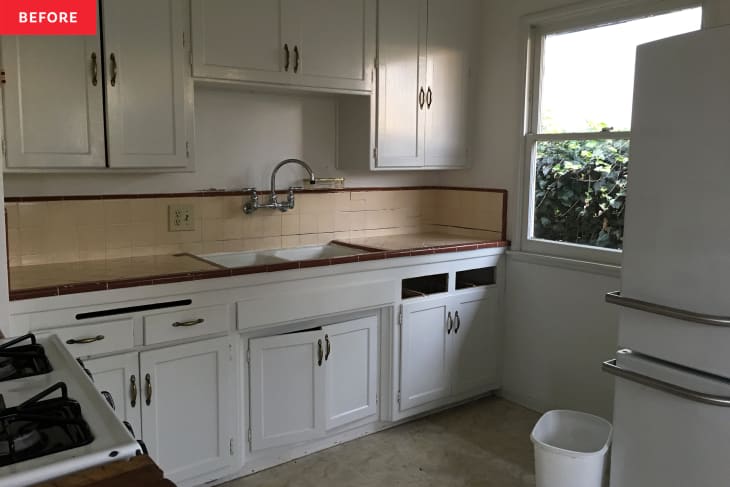 white outdated kitchen before makeover