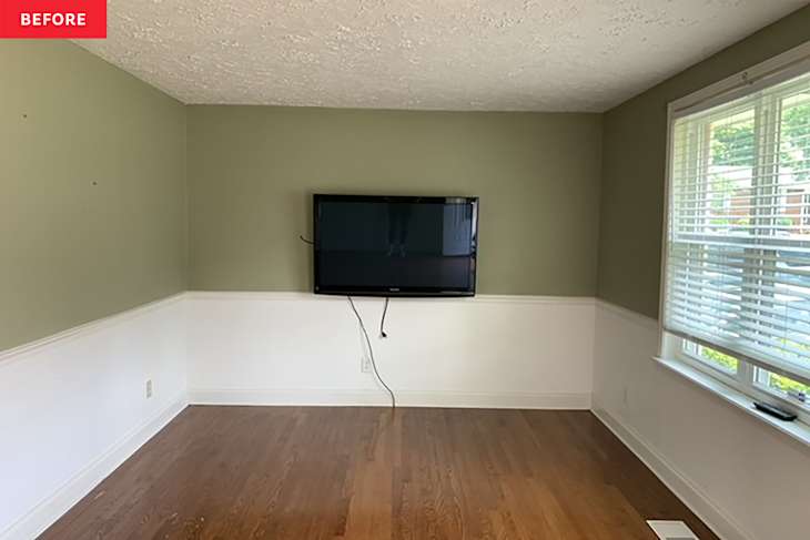 green and white living room before renovation