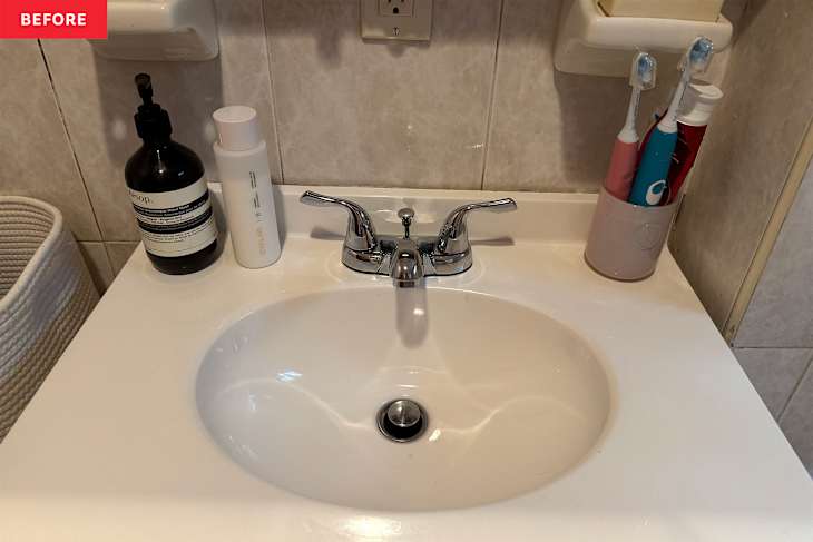 Toiletries on bathroom vanity.