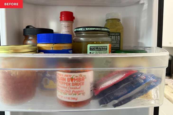 Condiments packets in refrigerator.
