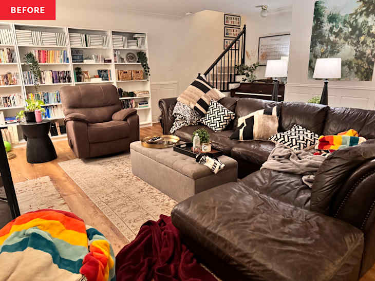 Cluttered living room seating area.