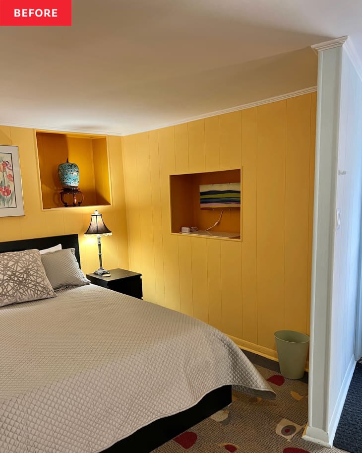 Yellow painted bedroom before remodel.