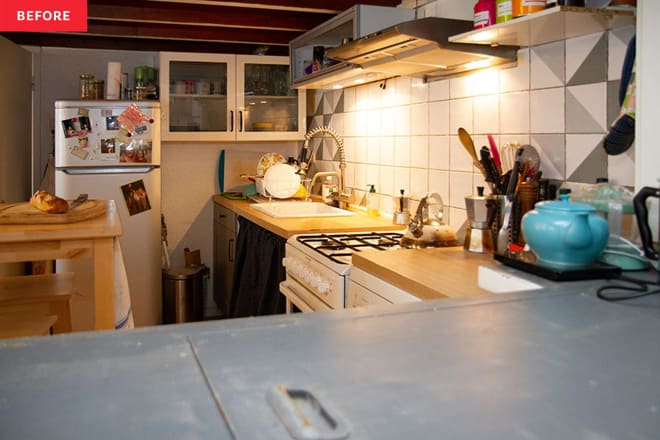 Before &; After: Striking Two-Toned Turquoise Cabinets Transform a “Dark‚ Traditional” Kitchen