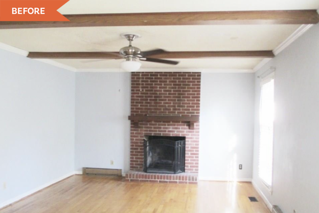 Before and After: A $2,300 Living Room Makeover Features a Gorgeous Brick Fireplace Redo