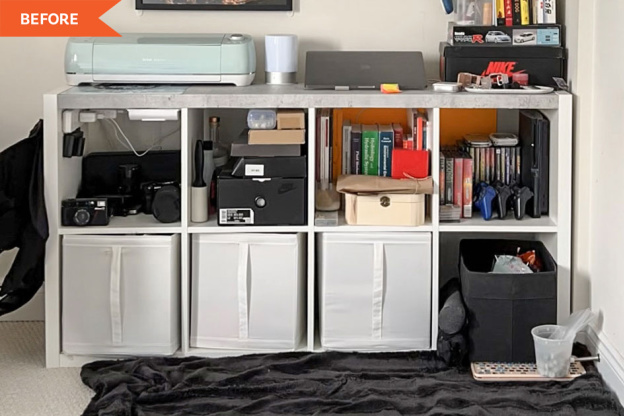 Before and After: A $150 DIY Gives This IKEA KALLAX a Luxe, Clutter-Concealing Look
