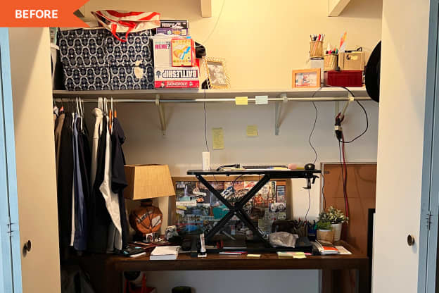 Before and After: $800, 4 DIYs, and 1 IKEA Hack Turn a Cluttered Closet into a Sophisticated WFH Spot