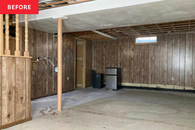 They Kept the Wood Paneling and Did a Full Retro-Inspired Basement Redo