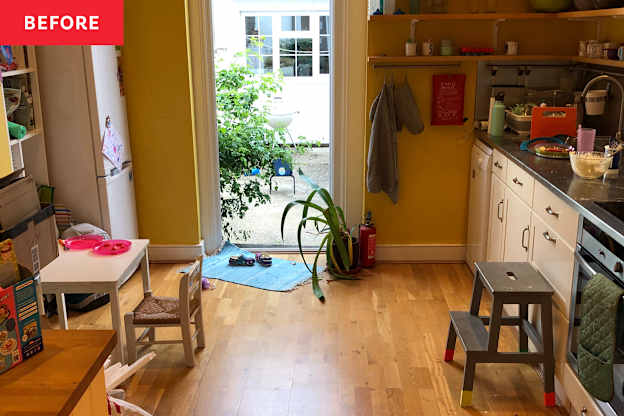 Before and After: A Dark, Dated Kitchen Gets a Stunning Green Makeover (with a Painted Floor!)