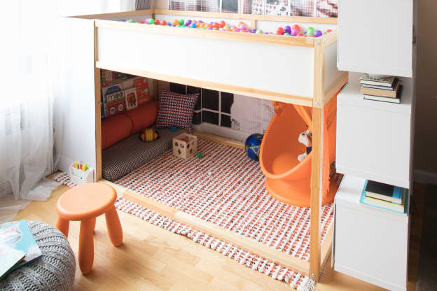 The Lofted Ball Pit in This Living Room (Using an IKEA Toddler Bed!) Doesn't Sacrifice on Style