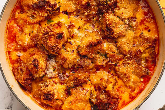 Roasted Tomato Soup with Cheesy Crouton Topper