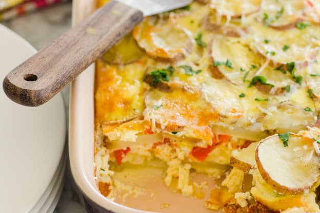 Potato Breakfast Gratin Is Layered with Red Peppers and Parmesan