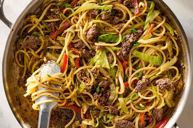Sweet & Spicy Ground Beef and Cabbage Noodles