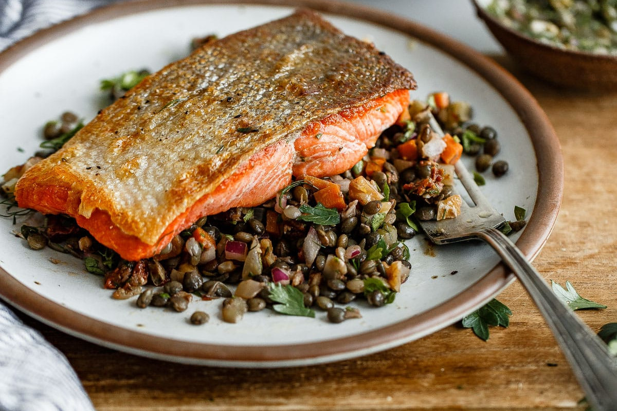 This Salmon and French Lentil Salad Is All About the Caper-Herb Vinaigrette