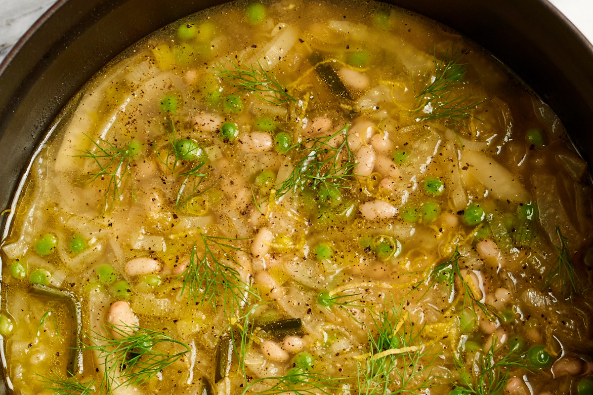 Spring Minestrone with Caramelized Garlic Broth