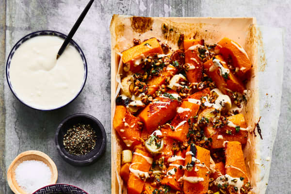 Roasted Butternut Squash with Orange Tahini, Walnuts, and Za'atar