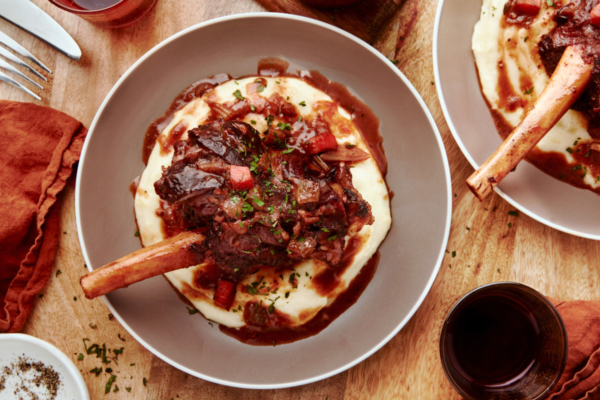 Balsamic and Citrus-Braised Lamb Shanks with Whipped Parsnip Purée