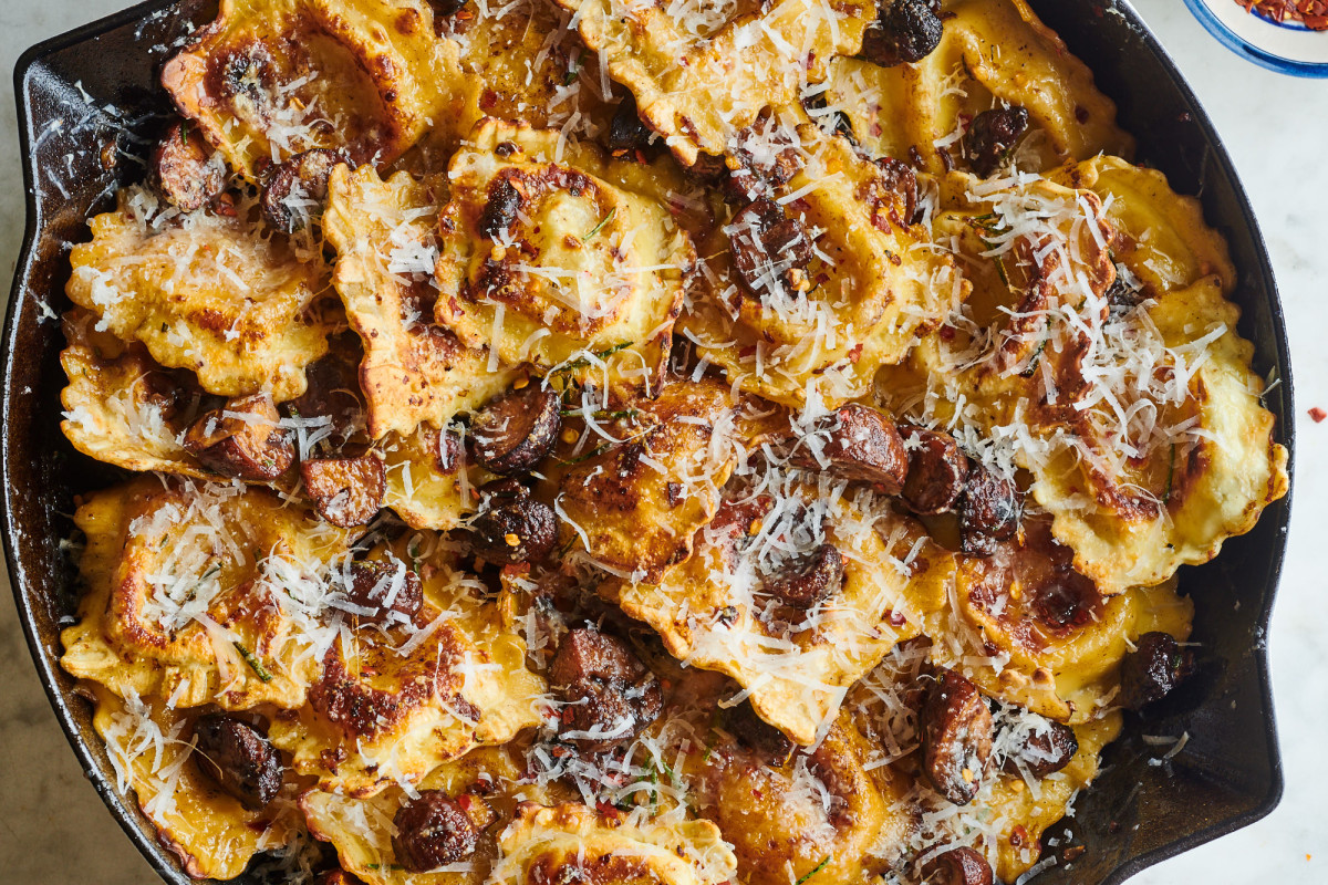 Crispy Skillet Ravioli with Garlic-Butter Mushrooms Is as Good as It Sounds