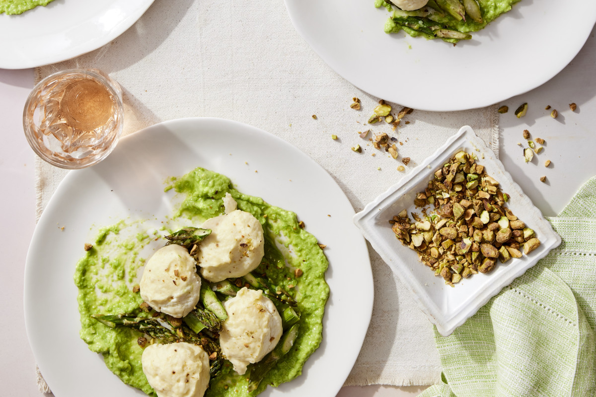 Baked Ricotta Dumplings with Asparagus and Pea Pesto