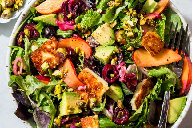 Halloumi Salad with Peaches, Cherries, and Arugula