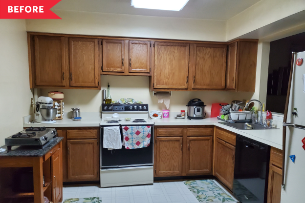 Before and After: A Dark 1980s Kitchen Gets a Cheerful Pink Redo Featuring a Trendy Cabinet DIY
