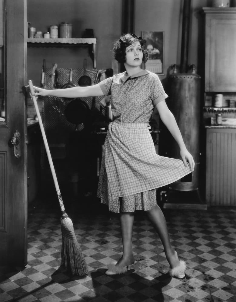 Cheerful cleaning woman with mop and cleaning equipment. Female