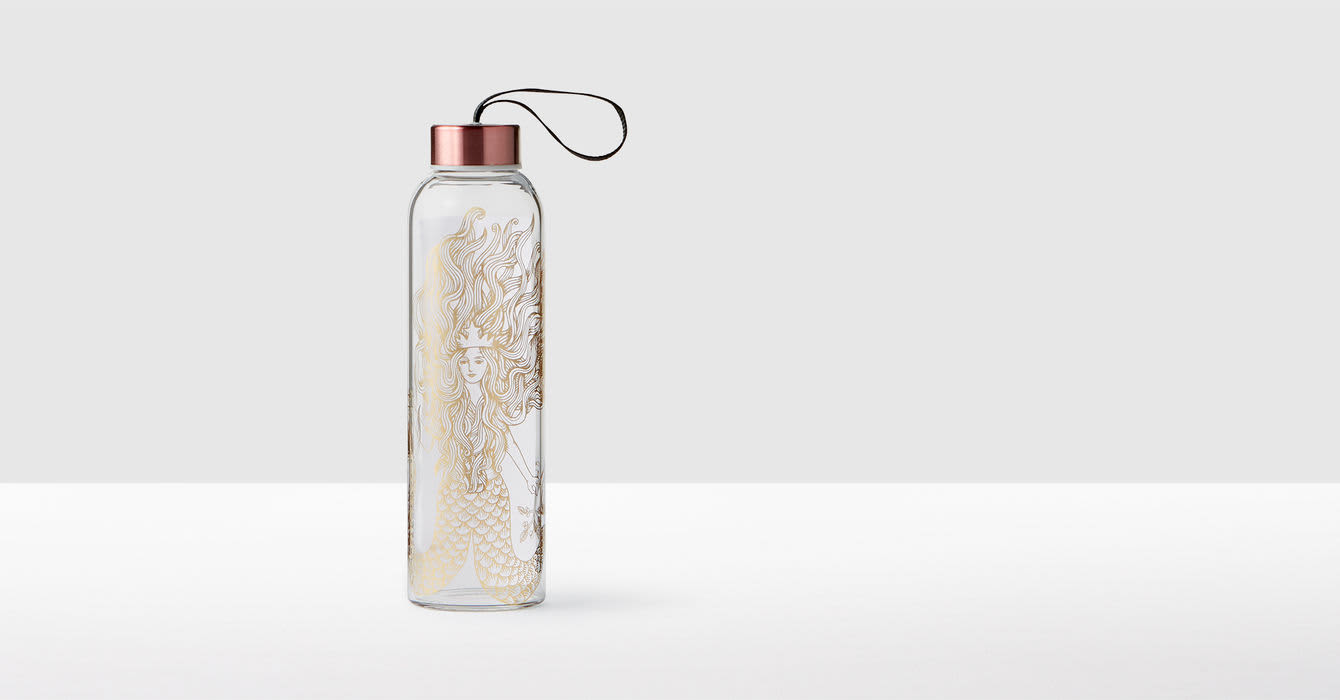 Starbucks Gold Siren Glass Water Bottle with Nylon Strap