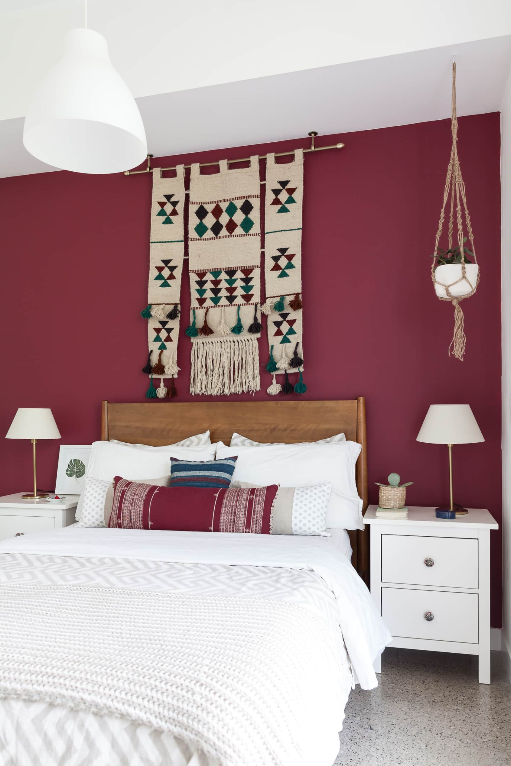 Burgundy and store gray bedroom