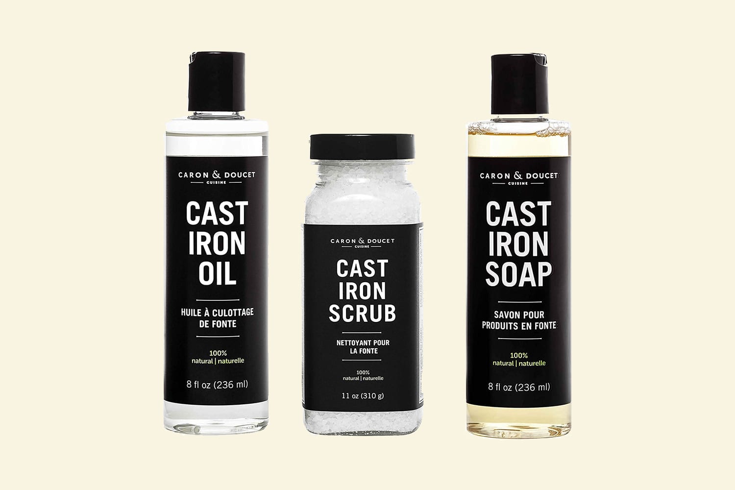 CARON & DOUCET - Ultimate Cast Iron Set: Seasoning Oil, Cleaning Soap &  Restoring Scrub | 100% Plant-Based & Best for Cleaning Care, Washing