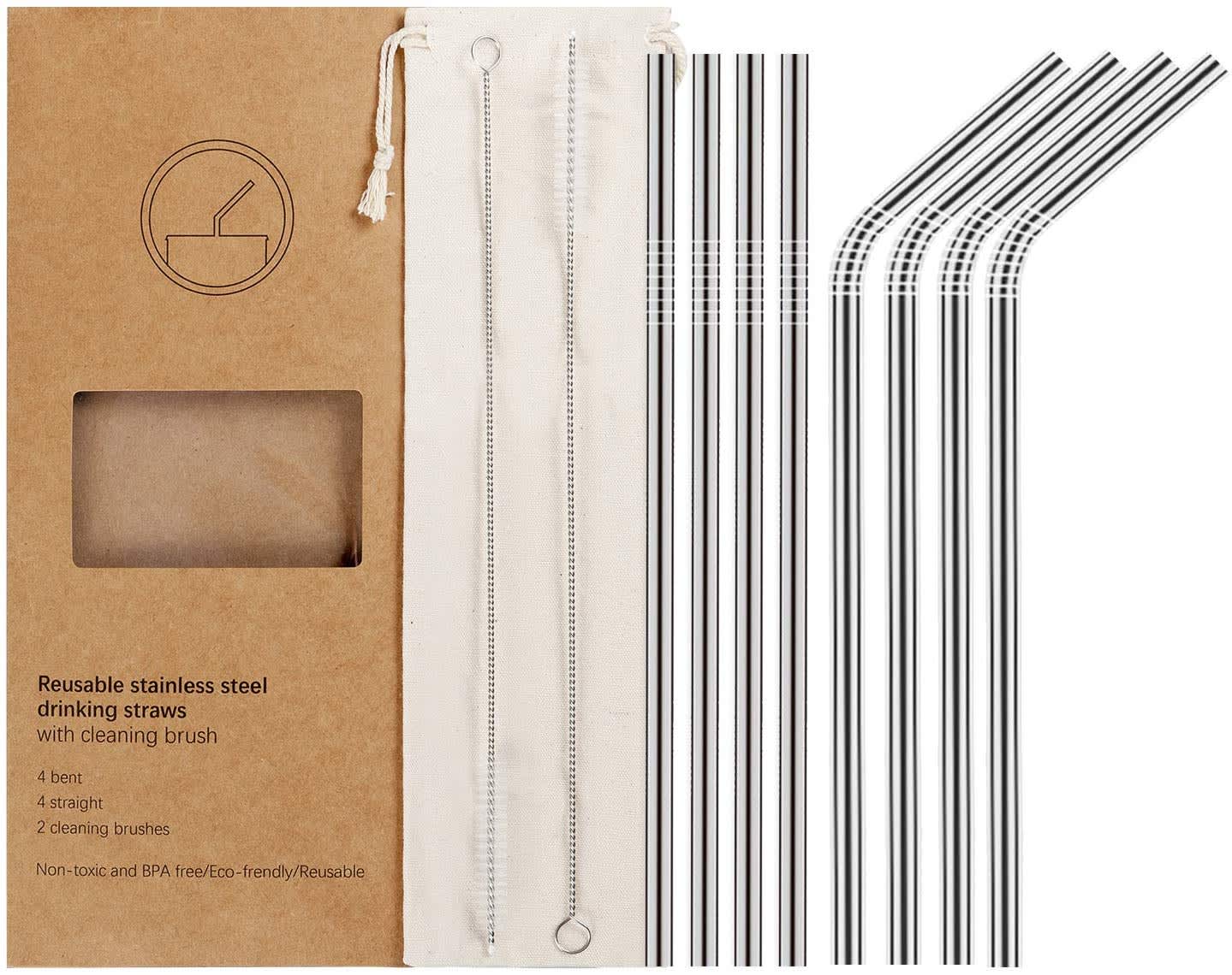 Icooker 8 Pack Stainless Steel Straws - Long Drinking Straws with Travel Case and 2 Cleaning Brush, Eco Friendly Reusable Metal Straw for 20 30 oz