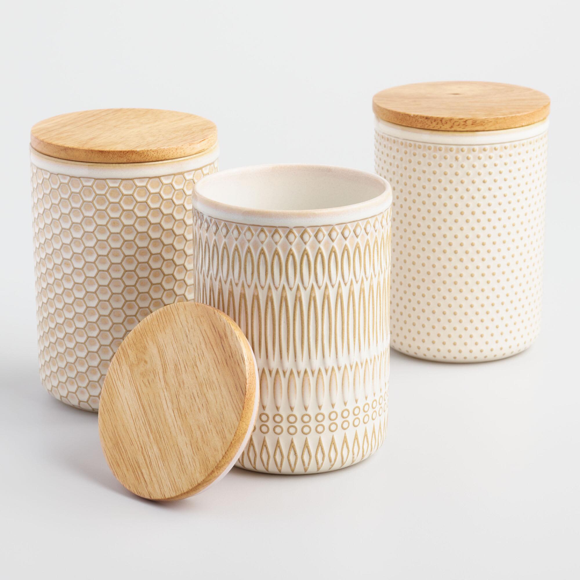 White Textured Ceramic Canisters with Bamboo Lids Set of 2 - World Market