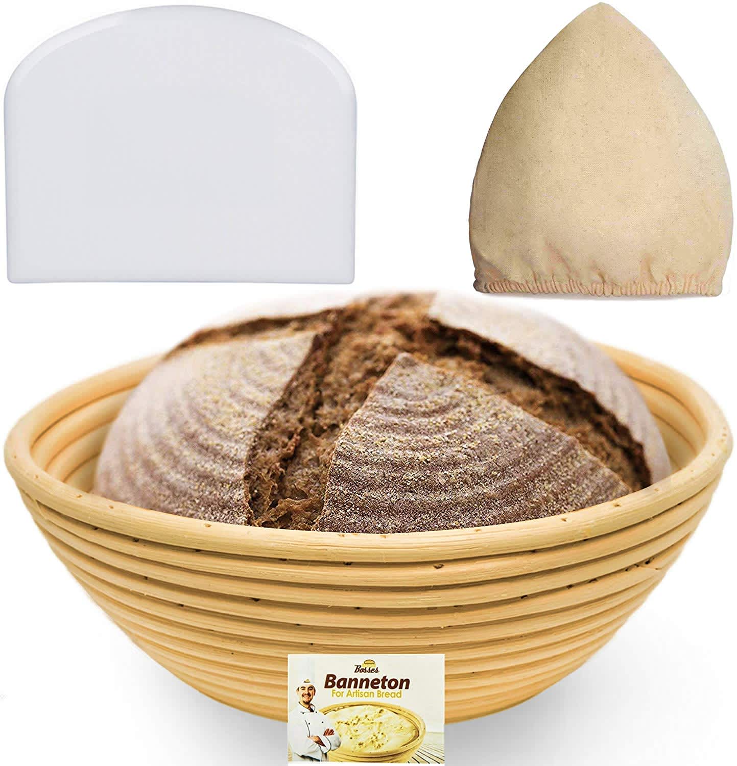 Wicker Baskets with Cloth Liner for Rising for Starter Bakers by BreadWinners 10 Inch Round Bowl Baking Set with Premium Dough Scraper and Bread Lame Bread Proofing Basket Banneton for Sourdough 