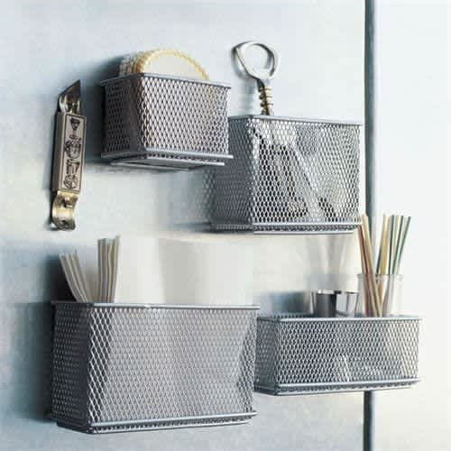 Silver Wire Mesh Magnetic Storage Baskets, Office Supply Organizers, Set of  3