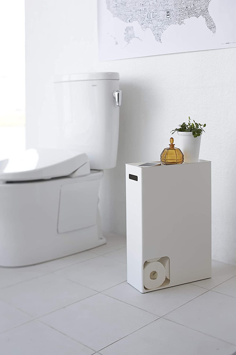 DlandHome 20 x 20 x 68.5CM Toilet Paper Roll Holder Storage Cabinet Bathroom Small Floor Standing Narrow Cupboard with Door Unit Wooden White 