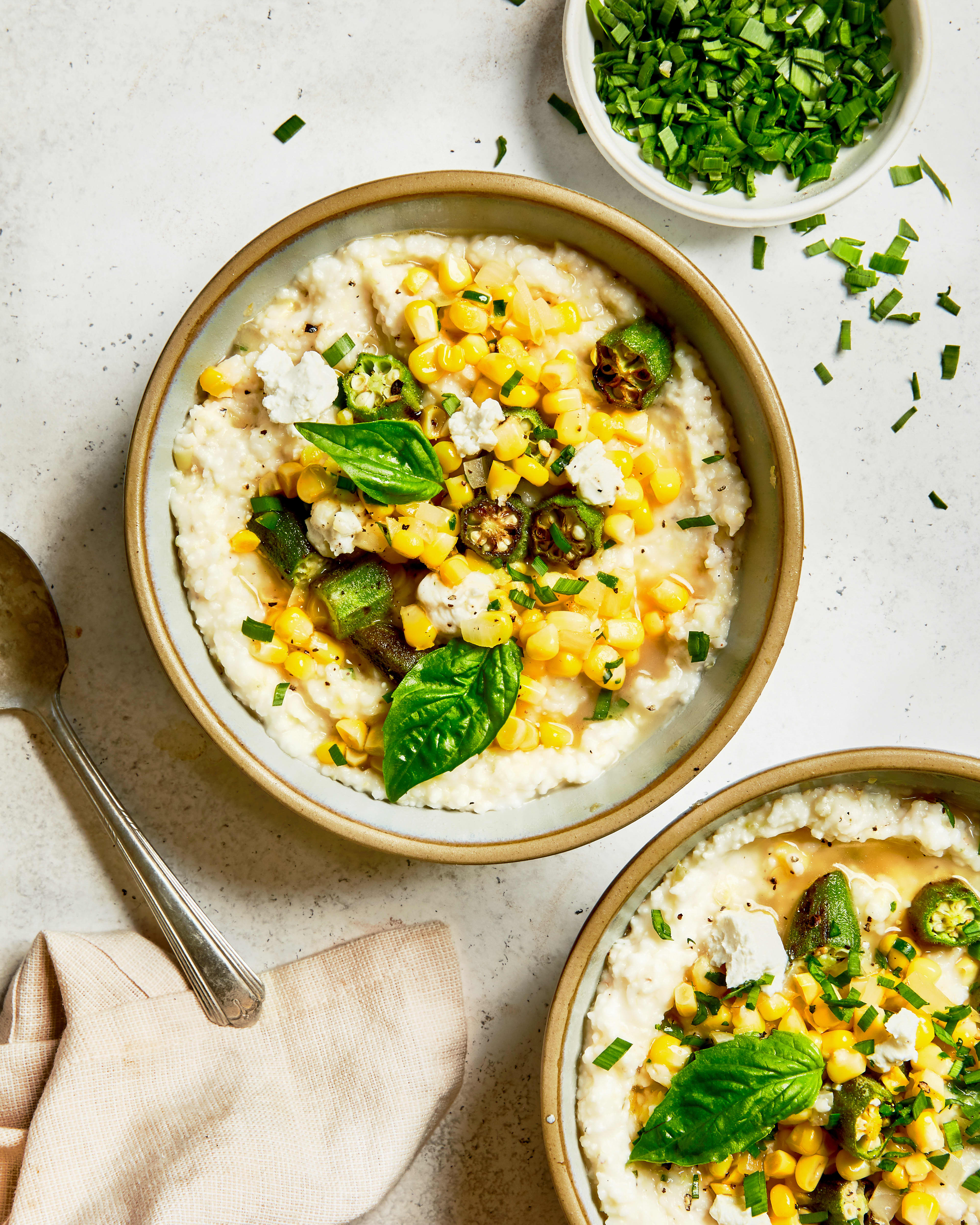 Brittany Conerly S Southern Style Grits With Okra Corn And Goat Cheese Kitchn